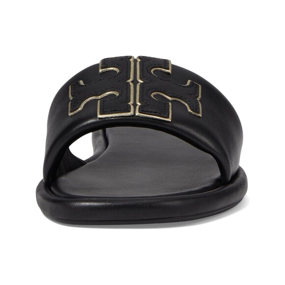 TORY BURCH WOMEN'S DOUBLE T SPORT SLIDE PATENT LEATHER BLACK GOLD SZ 8 NEW - Picture 5 of 6